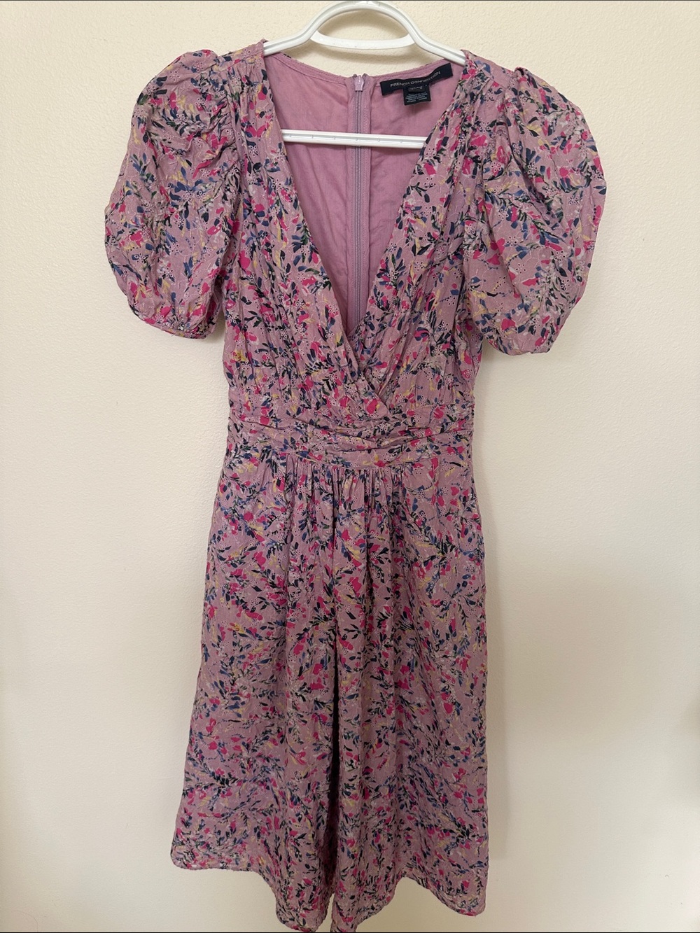 French Connection Pink Floral Puff-Sleeve Midi Dress